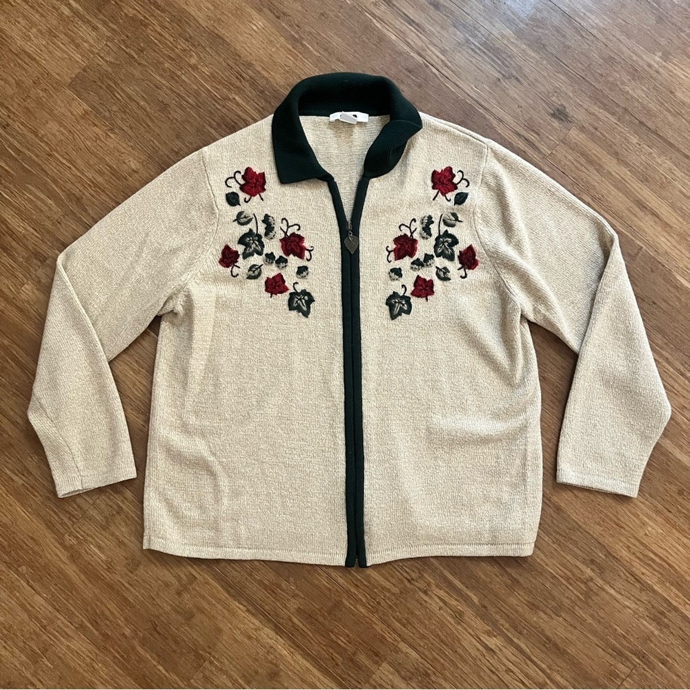 Vintage Alia Floral Embroidered Cardigan with Green Collar, Sz L